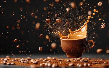Cup of coffee in the air with coffee splashes - obrazy, fototapety, plakaty