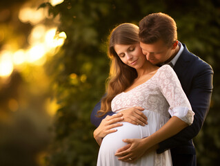 Pregnant couple together in joy and love with hands on her belly	