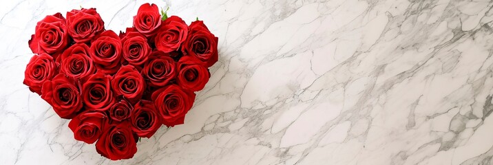  heart shaped red roses flower arrangement on white  marble background.  horizontal wallpaper with large copy space for text. valentine´s day and wedding card or banner, love concept