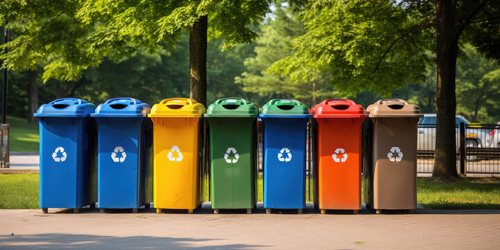 Blue, yellow, green, red and brown recycle bins with recycle symbol on city street.
