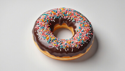 Realistic 3D image of a chocolate donut with multicolored sugar sprinkles on a plain white background.
