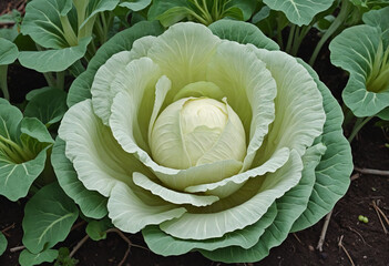 Obraz premium Cabbage with caterpillar-damaged leaves grows in the garden