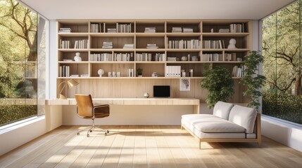 Tranquil Home Office or Library with Custom Built-in Bookshelves and Comfortable Seating AI Generated
