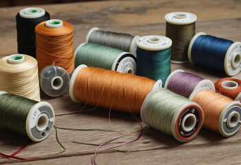 Rustic sewing threads on antique table with blurred background.