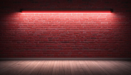 Red neon spotlight illuminating an empty brick wall with a glowing red hue. High-quality royalty-free stock photo of a lighted brick wall with copy space for textures or backgrounds.