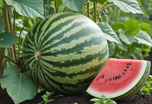 Fresh ripe watermelon growing in a garden, close-up view of watermelon on the vine