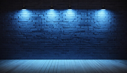 Empty brick wall with blue neon spotlight with copy space. Lighting effect blue color glow on brick wall background. Royalty high-quality free stock photo of lights blank background for texture
