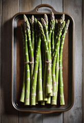 Farm-fresh asparagus on a rustic tray and table. Creative cooking inspiration.