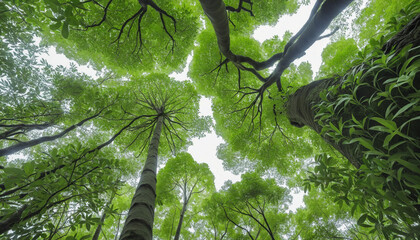 Tropical forest tree with green leaves viewed from below. Lush environment in park with oxygen-producing tree. Emphasizing ecology, carbon reduction, and plants for carbon credit. - Powered by Adobe