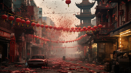 Asian town in the fog with red lanterns hanging around