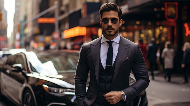 Confident businessman in suit and sunglasses walking in urban city street