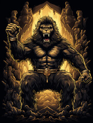 T-shirt design, all black vector of king kong beating chest, full perspective full body, wearing a golden crown created with Generative Ai