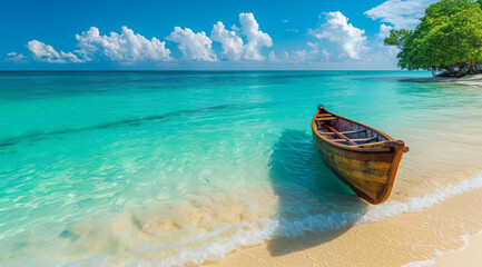 Wooden canoe at the scenic beach in Asian resort island near popular tourist destination hotel