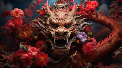 An chinese dragon is surrounded by flowers, symbolising the Chinese New Year