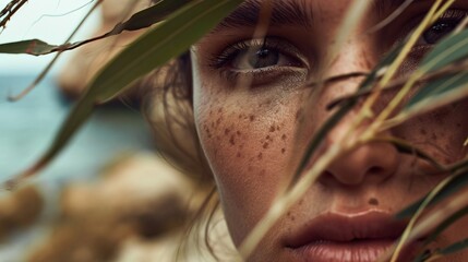Portrait of a beautiful young woman with freckles in summer close-up. The concept of relaxation, beauty and enjoyment of life. Lifestyle
