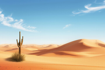 Fototapeta na wymiar An idyllic desert landscape under a clear sky, with a solitary cactus standing tall among undulating sand dunes