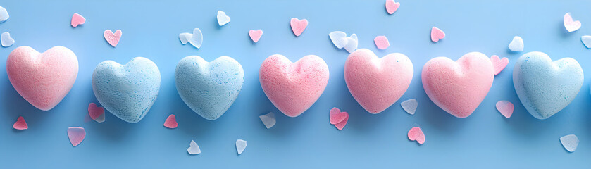 Fototapeta premium Valentines day, Valentine's day love wedding concept banner greeting card template - Fallen soft pastel pink and blue hearts, isolated on blue paper table background texture, top view