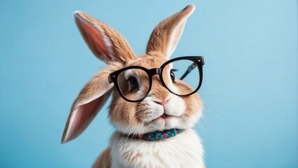 Cute rabbit smiling with glasses on a light blue background, copy space