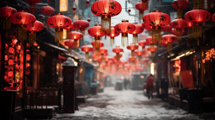 Red lanterns hanging up in the frozen winter streets of shanghai