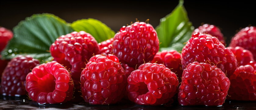 Close-up of a pile of fresh red raspberries with green leaves