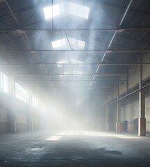 Industrial building interior with large windows and bright light shining through