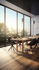 Fototapeta premium Modern dining room with large windows and a view of the city