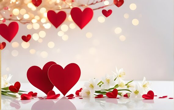 Valentine's Day greeting card with red hearts and white flowers on bokeh  grey background. Love and relationship concept	