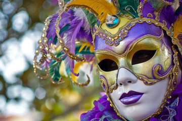 Portrait of woman with colorful venetian carnival masks. Mardi gras festival