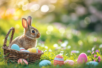 Fototapeta na wymiar Easter card. Cute little bunny sitting on the lawn near basket with colorful Easter eggs