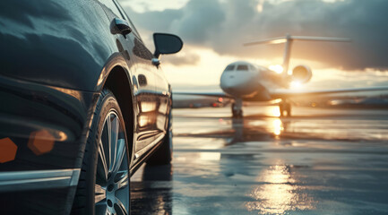 Successful businessman car in front of private airplane ready for luxury business corporate travel