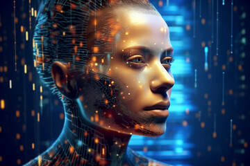 artificial intelligence AI woman technology big data digital world cloud server chatbot GBT automated electronic signals flow around her head and face Concept Illustration