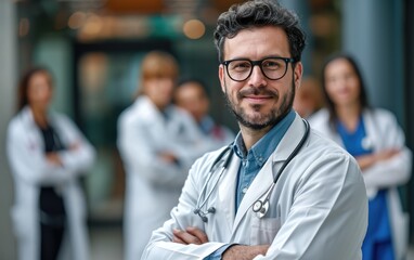 A doctor man is standing against the background of other doctors