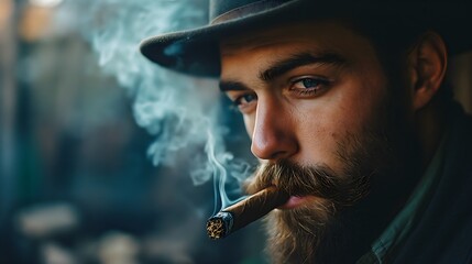 Portrait of a breaded man smoking cigar	 - obrazy, fototapety, plakaty