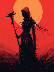 T-shirt design, a creep carrying a scythe near a red sun, in the style of dark palette created with Generative Ai