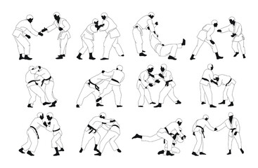 Collection of judoka silhouettes, isolated vector