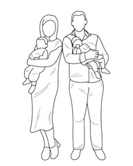 Family picture, sketch of father and mother silhouette with children in their arms, twins, isolated vector