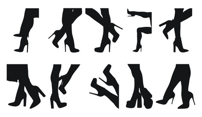 Set black silhouette of female legs in a pose. Shoes stilettos, high heels. Walking, standing, running, jumping, dance