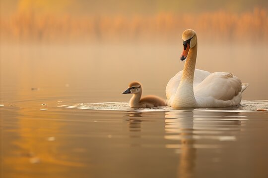 Beautiful Swan and Its Adorable Chick Swimming on Calm Lake at Sunrise with Reeds in the Background