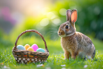 Fototapeta na wymiar Easter card. Cute little bunny sitting on the lawn near basket with colorful Easter eggs