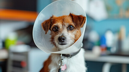 Dog in a veterinary clinic, pet dog treatment in a special post-operative collar