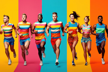 Full length collage of running sporty people in striped color T-shirts running over various bright and colorful background. - obrazy, fototapety, plakaty