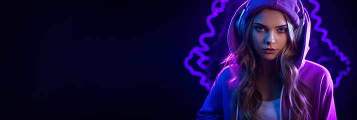 Generative AI image of Headphones Listening. Stylish fashion teenager model wearing hoodie and headphones listening dj music dancing in purple neon lights.