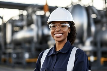 Smiling black female engineer wearing hard hat and safety glasses at industrial site - obrazy, fototapety, plakaty