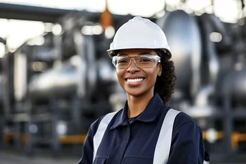 Foto op Plexiglas Smiling black female engineer wearing hard hat and safety glasses at industrial site © duyina1990
