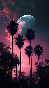 Generative AI image of green pink moon, palm trees