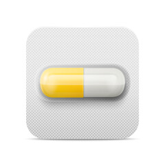 Vector Realistic Pharmaceutical Medical Yellow and White Pill, Vitamins, Capsule in Blister Closeup Isolated. Pill in Blister Packaging Design Template. Front View. Medicine, Health Concept