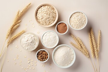 Generative AI image of Oat milk, flour, dry flakes and whole grains top view. Set from organic oat products for vegetarian and healthy food.