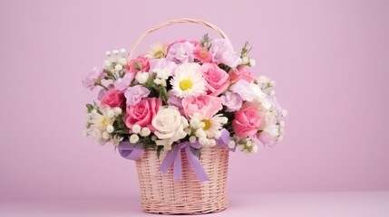 Fototapeta premium A beautifully arranged bouquet of spring flowers in a basket on a pastel pink