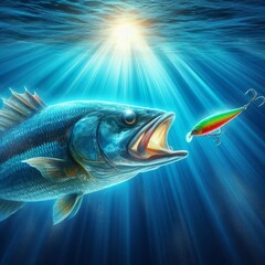 Bass fish chasing a lure underwater with sun rays penetrating the deep blue sea