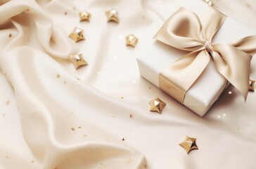 christmas decorations, wrapping paper and gold bows on a beige background,